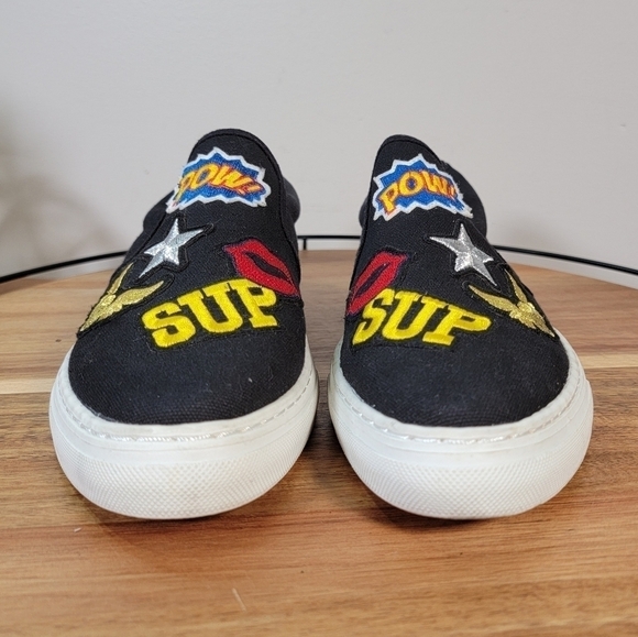Soda Black Canvas Slip On Sneakers with Embroidered Patches Size 9 - Picture 7 of 15